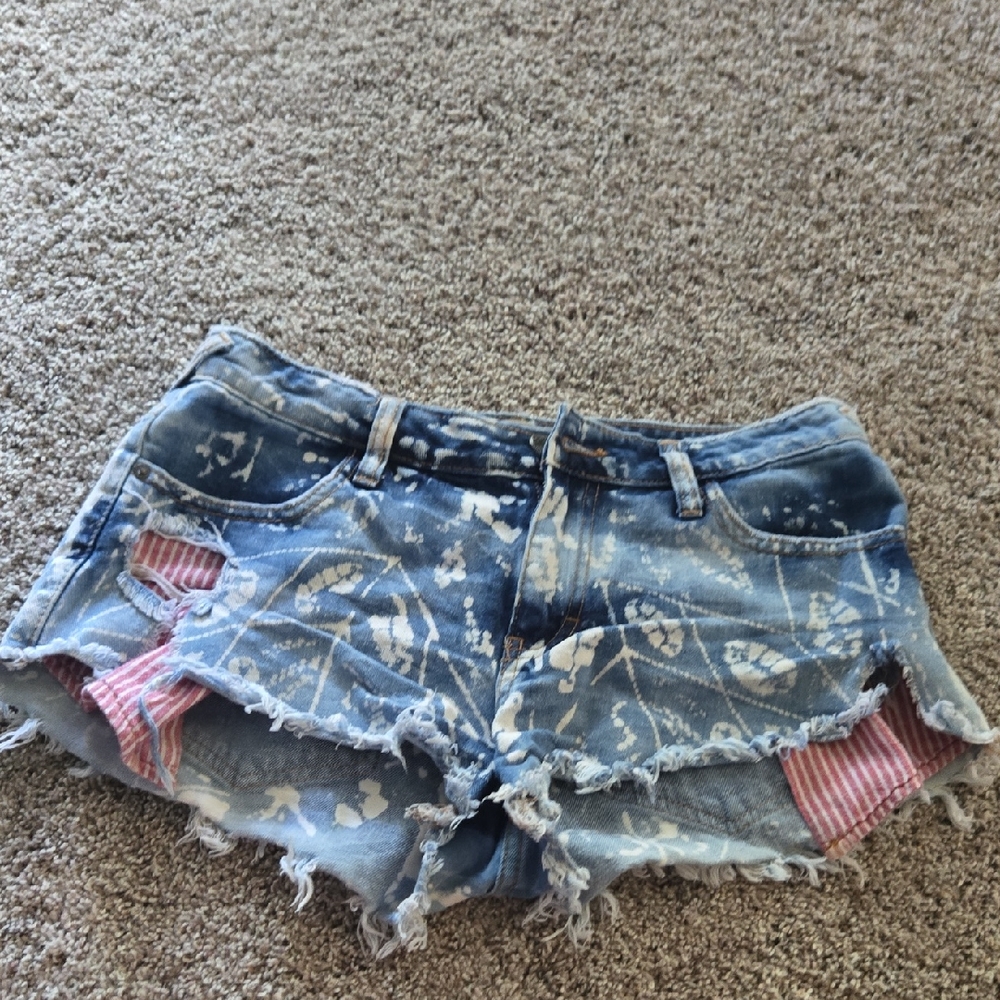Free People Blue and Red Distressed Jean Shorts